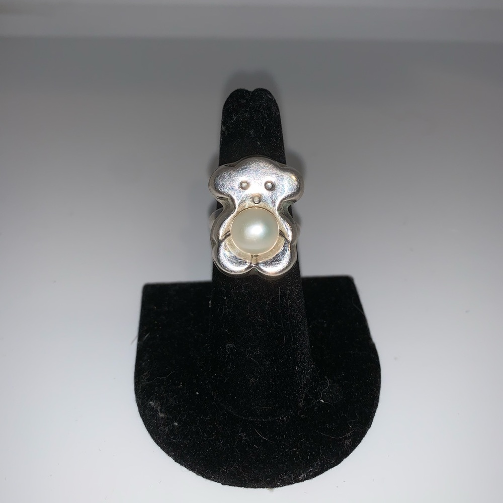 Free shipping-Vintage Silver Pearl ring size 6.75 ~teddy bear design~